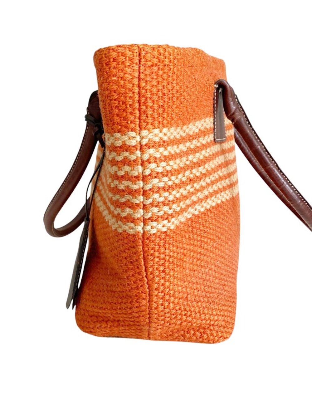 Vtg GAP Orange Straw Jute Bag Farmers Market Tote Leather Straps Striped - Picture 4 of 10